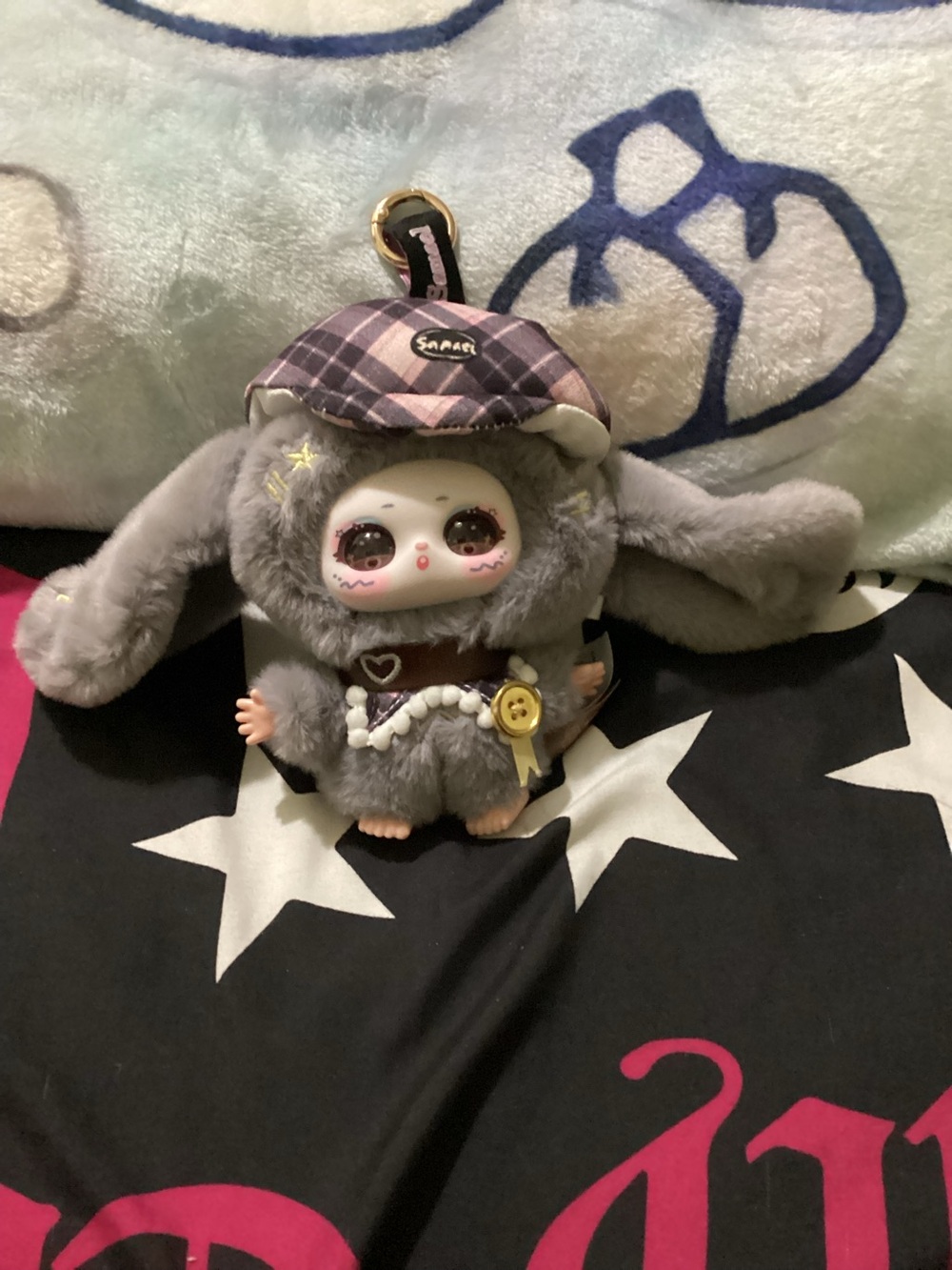 Samael-Plush Bunny Keychain - Gray with Plaid Hat